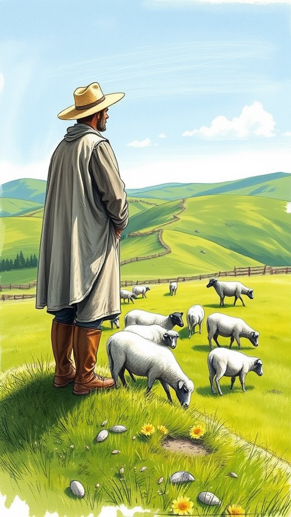shepherd guiding grazing sheep